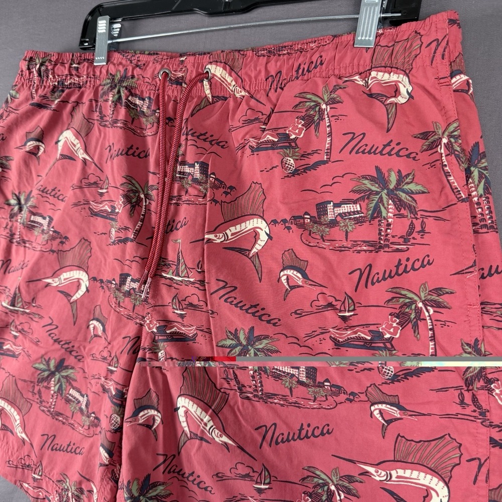 Nautica Men's Red Graphic Swim Shorts M Drawstring Elastic Waist Lined Pockets